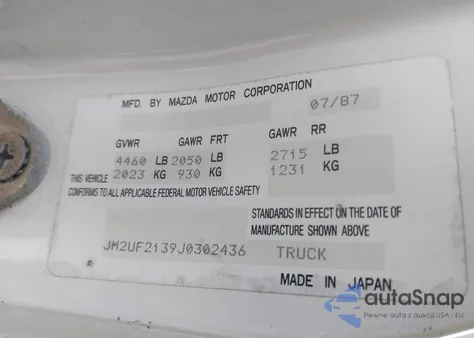 1988 Mazda B2200 Long Bed из США, поврежденный, VIN JM2UF2139J0302436